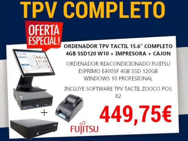 ORDENADOR TPV TACTIL 15.6" COMPLETO 4GB SSD120 W10 FUJITSU